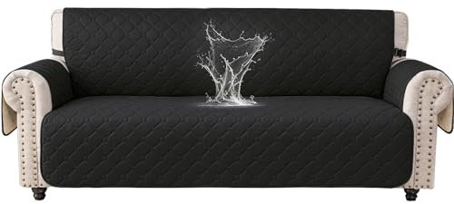 Ystyle 100% Wasserdicht Sesselhusse 2 Sitzer, Sofabezug rutschfest, Gesteppte Sofaüberzug Mit Seitentaschen, Couchschoner, Couch Überzug Kratzfest Für Haustiere Hunde Katzen, Schwarz