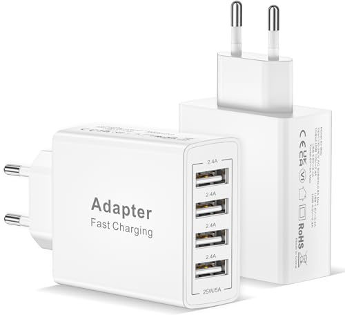 25W Caricatore USB Multiplo 2Pack, 4 Porto Spina USB Multipla Alimentatore USb Adattatore Presa Spinotto Caricabatterie Cellulare per iPhone 17/16/15/14/13/12/11/SE/XS/8/7/6,iPad,Samsung,Huawei,Xiaomi
