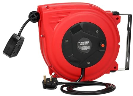 Pretfy 10+1.5M Retractable Extension Power Cord Reel with Bracket, Lighted Transparent Triple Outlets, Red (UK Plug)