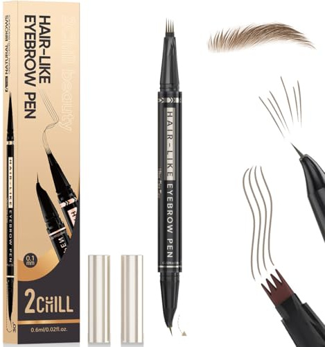 2CHILL Microblading Eyebrow Pencil, 2-in-1 Dual-Ended Eyebrow Pen with 4-Fork-Tip and Precise Brush-Tip, Waterproof Eye Brow Pencil, Create Natural Hair-Like Brows, Last All-Day(02 Brown)