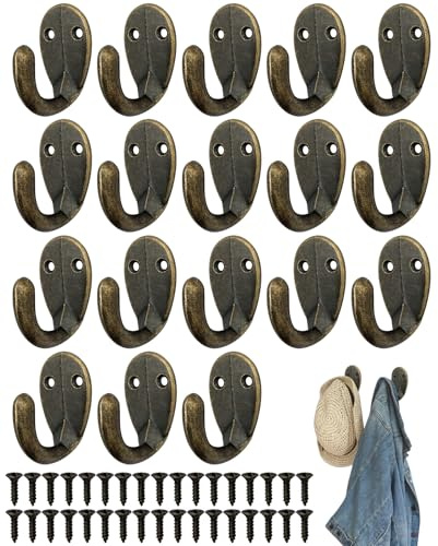 Rudfovn Brass Hooks to Screw in, 18 Pcs Vintage Antique Brass Hook with Screws for Hanging Clothes, Robe, Towelhat, Key, Bag
