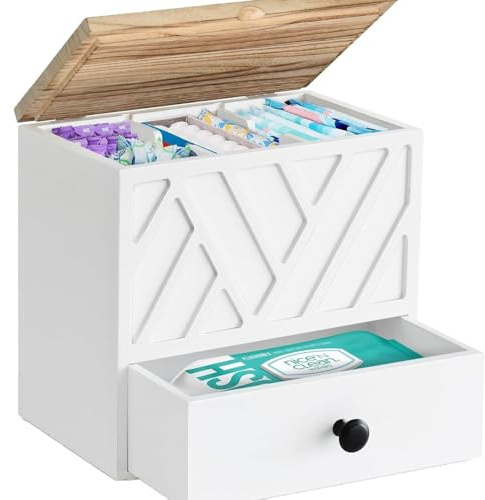 3-Fächer-Aufbewahrungsbox für Tampons, Schubladenbox für Slipeinlagen, Aufbewahrungsbox mit Deckel für Badezimmer-Hygieneartikel, vielseitige Aufbewahrungsbox aus Holz, Hygieneartikel für Damen