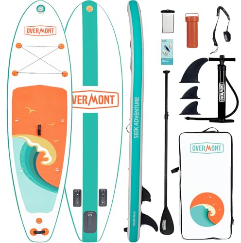 OVERMONT Paddle Gonflable Adulte, SUP Stable 204kg avec Kit | Pont antidérapant, dimensions 323×84×15 cm; kit avec pagaie, pompe, sac à dos, leash et 3 ailerons; pour mer, lac et rivière