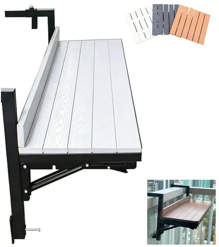 Hopfällbart balkonghängbord - Platsbesparande räckesskrivbord med metallram för utomhusbruk, passar räcken upp till 13 cm tjocklek, vit, 89 x 23 cm