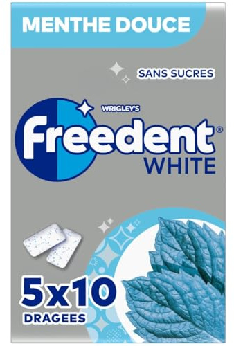 FREEDENT WHITE - Chewing Gum Sans Sucre - Goût Menthe Douce - 5 Paquets de 10 Dragées - 70g
