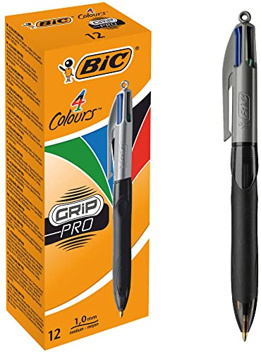 BIC 4 Farben Kugelschreiber Set 4 Colours Grip Pro, mit gummierter Griff-Fläche, 12er Pack, Ideal für das Büro, das Home Office oder die Schule