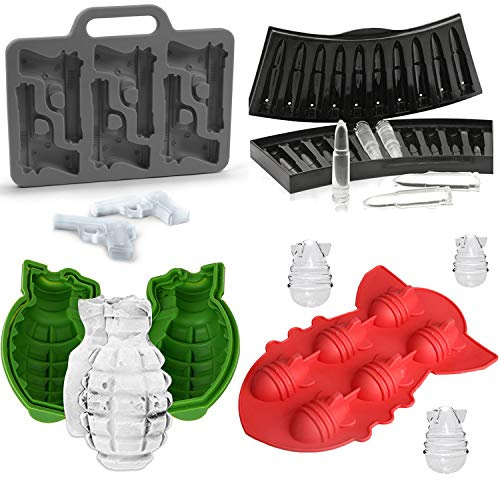 (Set of 4) Grenade Ice Ball Mold for Whiskey, Pistol & Bullet Ice Cube Trays, Bomb Missile Silicone Mold, Weapon Series Party Favors Supplies for Military Fans