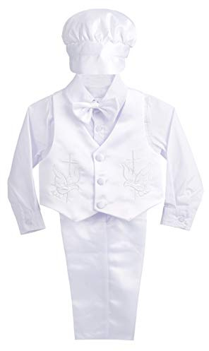 Lito Angels - Abito da Battesimo per Bimbo, Completo Bianco 5 Pezzi Set (Gilet, Camicia, Pantaloni, Papillon e Cappello), Taglia 9 Mesi, Stile D, Manica Lunga