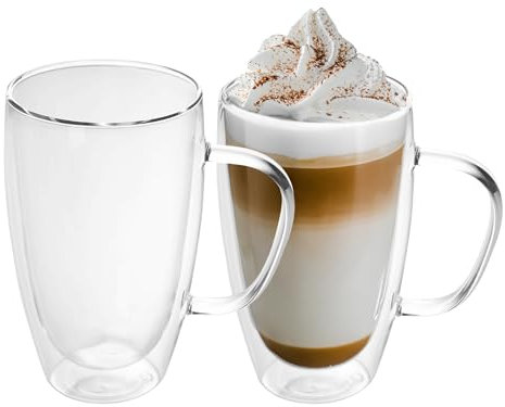 Intirilife 2x set di bicchieri termici a doppia parete -400-500ml- soffiati a bocca isolati per cappuccino espresso, bicchieri da tè bicchieri da caffè latte macchiato, effetto galleggiante con manico