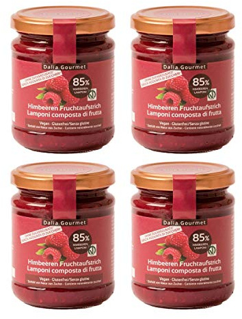 Dalia Gourmet - Composta con 85 % di Frutta | Senza aggiunta di zuccheri con ERITRITOLO - STEVIA | Prodotto artigianale italiano | 4 pezzi da 220 g (Lamponi)