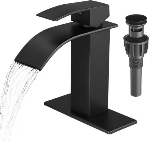 VOTON Black Bathroom Faucets Modern Waterfall Bathroom Sink Faucet Matte Black Single Handle Bathroom Faucet for 1 or 3 Holes with Deck Plate and Pop-Up Drain, Rv Sink Camper Farmhouse Bathroom Faucet