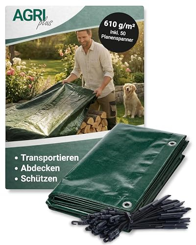 AGRI Plus Holzabdeckplane 610 g/m² I 1,5 x 10 m I Mit 50 Planenspannern I Wasserdicht & UV-beständig I Reißfeste Profi-Gewebeplane mit Ösen & Randverstärkung I Ideal für Brennholz, Garten & BAU