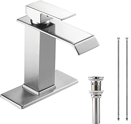 Brushed Nickel Bathroom Faucet One Hole Single Handle Waterfall Bathroom Sink Faucet Bath Vanity Basin Mixer Tap Deck Mount with Drain Assembly Commercial Lavatory