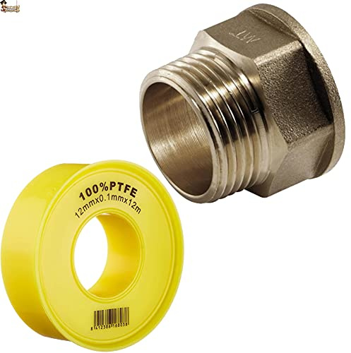 BricoLoco.com Machón unión latón doble fontanería. Racor rosca Hembra Macho BSP. ¡¡¡CON ROLLO DE TEFLÓN!!!. Unión tubos misma rosca. (H 1/2 x M 1/2)