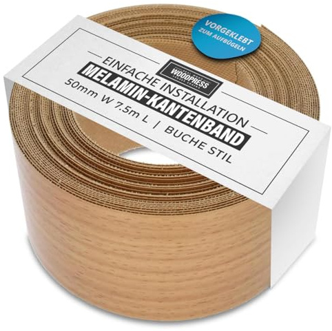 WoodPress® 50mm Buchenoptik Melamin-Kantenumleimer zum Aufbügeln 7,5m | Kantenumleimer mit Schmelzkleber, flexible Bügelkante für schnelle Möbelreparatur sowie Schrank- und Regalkanten
