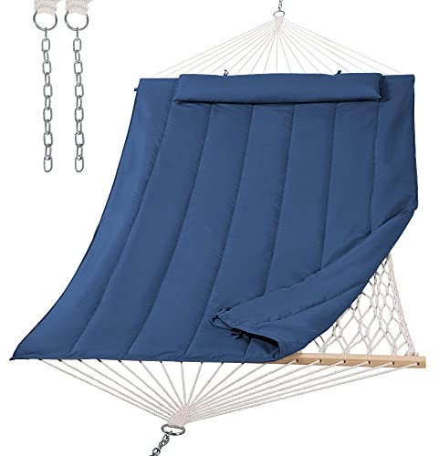 SUNCREAT Amaca doppia per esterni con barra spalmatrice in legno duro, amaca in corda di cotone resistente con imbottitura in poliestere, blu scuro