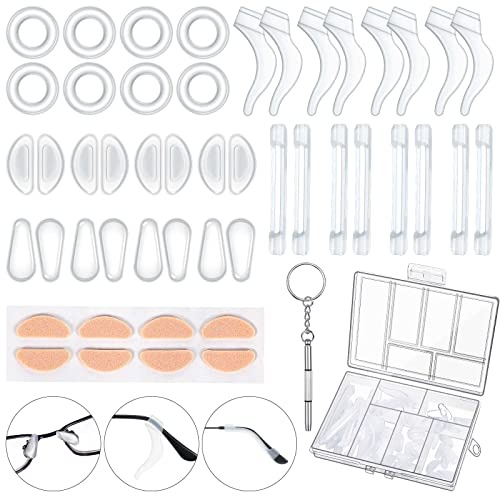 50 Pcs Eyeglasses Retainers Sets 12 Pairs Anti Slip Adhesive Glasses Nose Pads 4 Round Ear Grips 4 Silicone Ear Hooks Holders 4 Glasses Temple Tips Sleeve for Repair(Transparent)