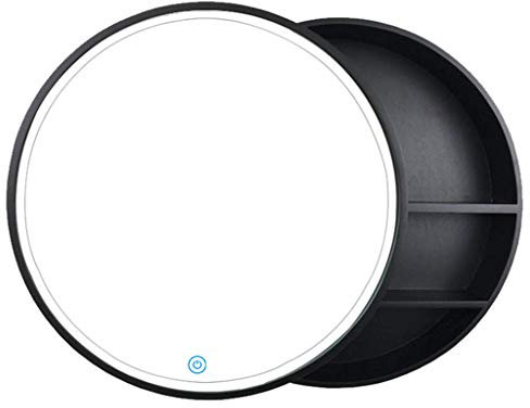 ZXFDM Meuble de Salle de Bain Miroir Rond en Bois avec lumière ， Miroir de Salle de Bain Anti-buée en Bois Massif/Miroir de courtoisie Rond Mural (Porte coulissante-Noir, 70x70cm)