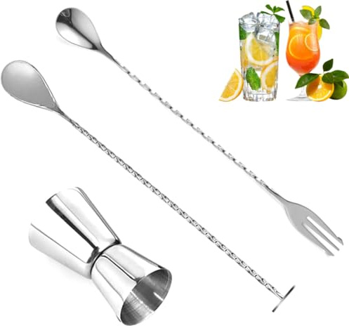 Pacco da 3 Pezzi, Misurino Cocktail + Cucchiaio + Forchetta, Dosatore Miscelatore Acciaio Inox Qualità’ Professionale 30/60 ml, Aperitivo Bar Discoteca Party Feste Shacker