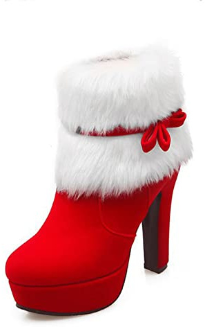 Women's Winter Fur Ankle Boots Christmas Boots,Bow Decor Side Zipper Fur Closure Chunky High Heel Santa Boots Snow Boots (9,Red,9)