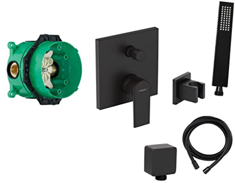 vanvilla Wannenset Unterputz mit Wannenarmatur Hansgrohe schwarz HGS14 | Wannenarmatur von Hansgrohe Vernis Shape Einhebelmischer und vanvilla Handbrause eckig, Wannen-SET schwarz