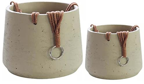 Copenhagen - Juego de 2 macetas colgantes de cerámica blanca rota, incluye cuerda para colgar, macetas colgantes de cemento de cerámica para interiores y exteriores, efecto texturizado, macetas