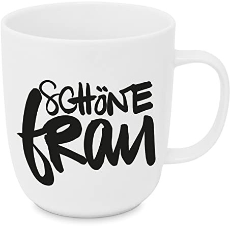 Schöne Frau – weiße Tasse mit Henkel und lustigem Aufdruck in schwarz