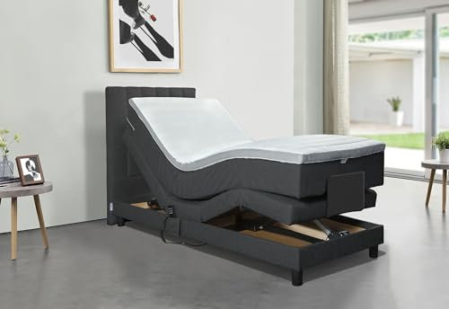 Tesla Dreams Boxspringbett Elektrisch verstellbare, Boxspringbett 90x200 Emotion, 7 Zonen Taschenfederkern-Matratze H2/H3, Topper Latex Anthrazit