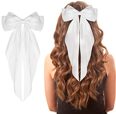 WLLHYF Big Bow Barrettes Long Tail French Ribbon Hair Pins Soft Silky Satin Hair Clip Metal Bowknot Clips 90's Accessories for Party Valentine's Day Women Girl (White)
