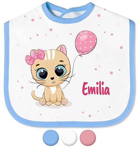 Babylätzchen mit Namen für Mädchen & Jungen – Lätzchen für Baby & Kleinkind personalisiert - mit Klettverschluss – Spucktuch Latz Kinderlätzchen - Geschenk für Kleinkinder (Katze, Schleife, Blau)