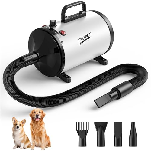Dog Dryer High Velocity Dog Hair Dryer 5.2HP/2800W, Stepless Adjustable Speed Temperature Dogs Grooming Blaster Dryer, Pet Dryer with 4 Nozzles,Blow Dryer for Dogs(White)