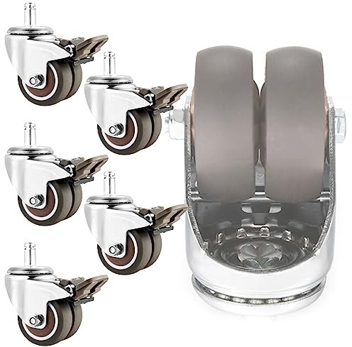 ESOYAWE Bürostuhlrollen 50mm 5 Stück, M11x22mm Vorbau Lenkrollen, Leise TPE Gummi Doppelrollen, 360°Drehbar Mit Bremse Ersatz Rollen, Für Die Meisten Drehstuhlrahmen, Tragkraft 200kg