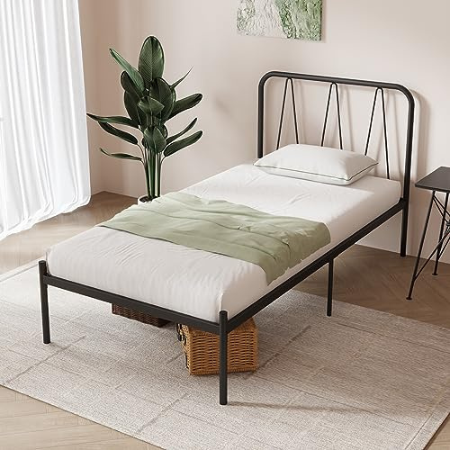 Novilla Bettrahmen 90 x 200 cm, Bettgestell mit Lattenrost aus Metall , Kopfteil mit Wellenmuster im modernen Stil,Modern Gästebett, Schwarz