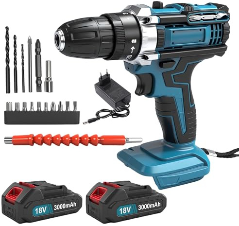 Cordless Drill Driver 21V, Cordless Drill with 2X 3000mAh Battery, 25+1 Torque, 45N.m Max Electric Drills, 2 Speed(2300RPM), LED Light for Home and Garden DIY Project