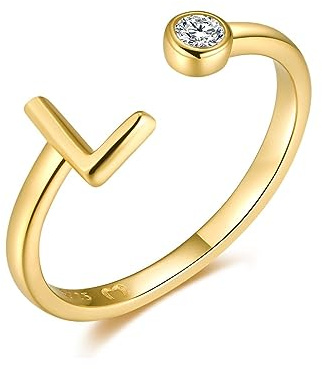 MARLION JEWELS Anillo abierto de mujer en plata de ley con tu letra inicial y una circonita blanca. Anillo plata mujer con acabado plateado o dorado. Joyería ideal para parejas, amigas.