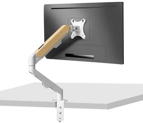 HILLPORT Holz Monitor Halterung Weiß für 17-34 Zoll Bildschirme, Monitorhalterung 1 Monitor, Höhenverstellbar mit Neigungen, Schwenken, Bildschirmhalterung von 2-9 kg VESA 75 & 100 mm M5W-M