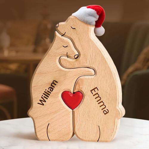 Personalisiertes Puzzle mit Namen, Bärenfamilie Holzpuzzle Skulptur mit Weihnachtsmütze, Familienpuzzle mit 2–10 Bären Figuren, Personalisierte Geschenke für Familie, Mama Papa zum Weihnachten