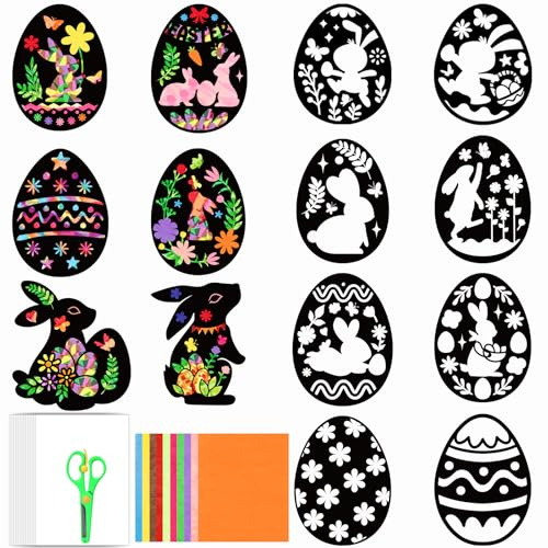 JOYEASE Ostern Basteln Kinder, 14 Stück Fensterbilder Ostern Bastelsets für Kinder, Ostereier Hasen Osterbasteln mit Kindern, Kreative DIY Osterdeko Ostern Geschenke Kinder