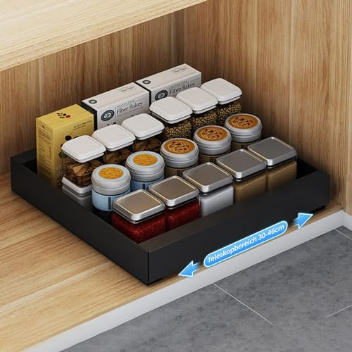 Teleskopschublade, Verstellbare Schubladen aus Kohlenstoffstahl, Ausziehbare Schublade zum Kleben, Küche Organizer Küchenschrank, Kein Bohren und Nageln Erforderlich (Schwarz,30-46cm x 53cm x 7cm)