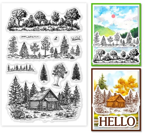 PH PandaHall Transparente Stempel Mit Baumhintergrund Zum Gestalten von Karten Waldhütte Silikonstempel Transparenter Bastelsiegelstempel Für Scrapbook Bastelalbum