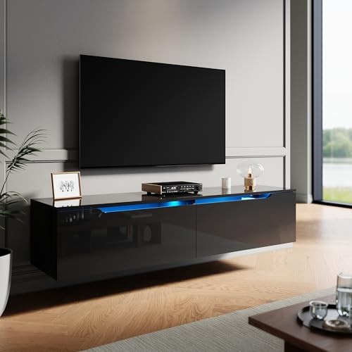 ELEGANT 140cm Floating TV Stand Cabinet Unit with 16 RGB LED Lights | High Gloss TV Stand with Pull-Down Door, Modern Black Wall Mounted TV Cabinet with Storage Shelves for Living Room
