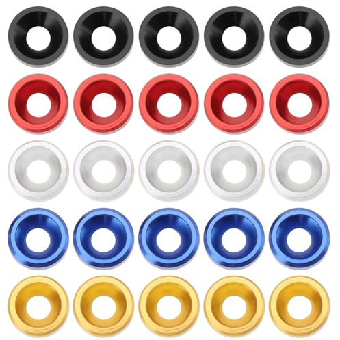 SG Store Lot de 25 rondelles à tête fraisée M3 x 8 mm x 2 mm en alliage d'aluminium Joints colorés Contient 5 pièces de chacune en noir/rouge/bleu/argent/or pour accessoires de vis de meubles de