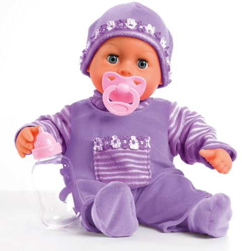 Bayer Design 93826AF Poupon interactif, poupée parlante, avec Corps Souple, Tétine et biberon, 38cm, Violet