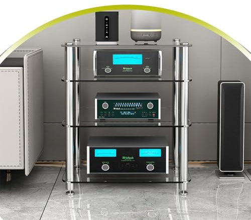 HAEKEBC 4-stöckiger Medienständer Aus Glas HiFi-Racks AV-Komponentenschrank Stereo-Rack Mit Regal Aus Gehärtetem Glas, Offene Medienablageregale Stereoschrank(72cm-28.3in)
