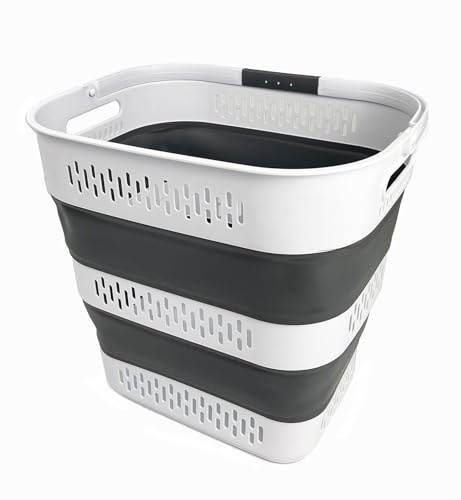 SAMMART 40L Zusammenklappbarer Wäschekorb aus Kunststoff mit Griffen – faltbarer Pop-Up-Aufbewahrungsbehälter/Organizer – tragbarer Wäschesammler – platzsparend (1, Weiß/Stahlgrau)