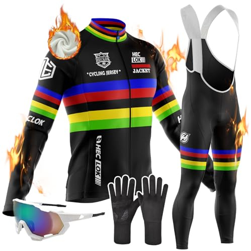 Abbigliamento Ciclismo Uomo Invernale Tuta da Ciclista Manica Lunga Completo Strada MTB Bici,con 9D Imbottiti Gel, Maglia Bicicletta Termico Vello Giacca e Pantaloni Salopette