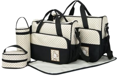 GreatRise 5 Teiliges Babytasche Set Tragbare Baby Wickeltasche Große Kapazität Reisewindeltasche Schultertasche mit Wickelunterlage, Pflegetasche, Tragetasche, Handtasche für Mama & Papa Schwarz