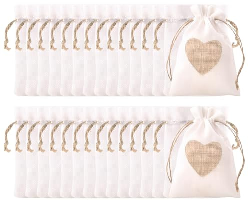 Binnan 30 Piezas Saquitos de Tela con Cordón, Bolsas de Arpillera con Corazones, Bolsas de Yute con Cordón para Boda, Fiestas, Joyas, Navidad, 10x14cm