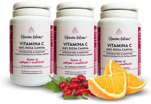 Vitamine Italiane® - Vitamina C. 100% da Rosa Canina - Utile per il Sistema Immunitario, Antiossidante, Riduce Fatica e Stress - Made in Italy (3 Confezioni da 60 Capsule)