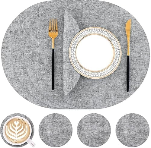 Homaxy Tischsets Abwaschbar, Rund Doppelseitig Abwischbar Wasserdicht rutschfest Platzset, Kunstleder Hitzebeständige Platzdeckchen mit Untersetzer (4er Set, Hellgrau)